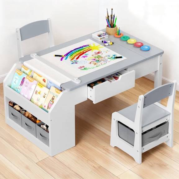 Hijob 5-in-1 Kids Art Table & Chair Set – Convertible Easel with Paper Roll Holder, Storage Drawers & Foldable Craft Desk, Toddler Activity Learning Center for Playroom, Gray