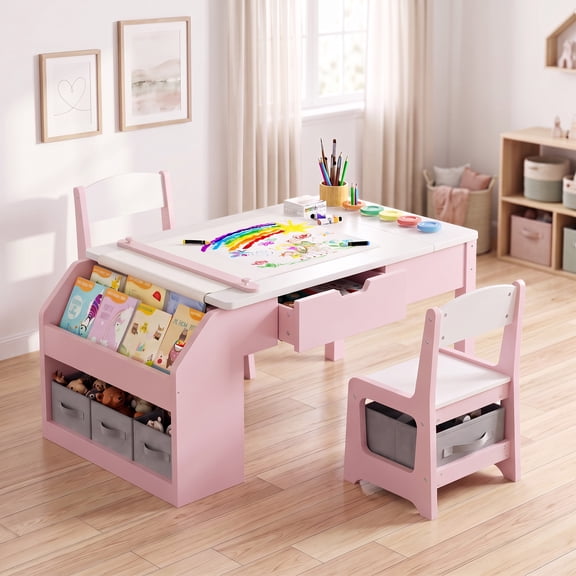 Hijob Kids Art Table and Chair Set for Girls with Easel, Paper Roll Holder & Storage, 5-in-1 Toddler Activity Table for Drawing, Crafts and Learning, Pink