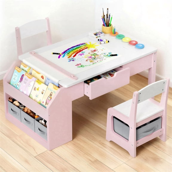 Hijob Kids Activity Table and Chair Set with Easel & Storage, 5-in-1 Toddler Art Craft Desk, Pink