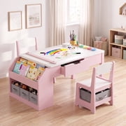 HiJob Kids Art Table and Chair Set for Girls with Easel, Paper Roll Holder & Storage, 5-in-1 Toddler Activity Table for Drawing, Crafts and Learning, Pink