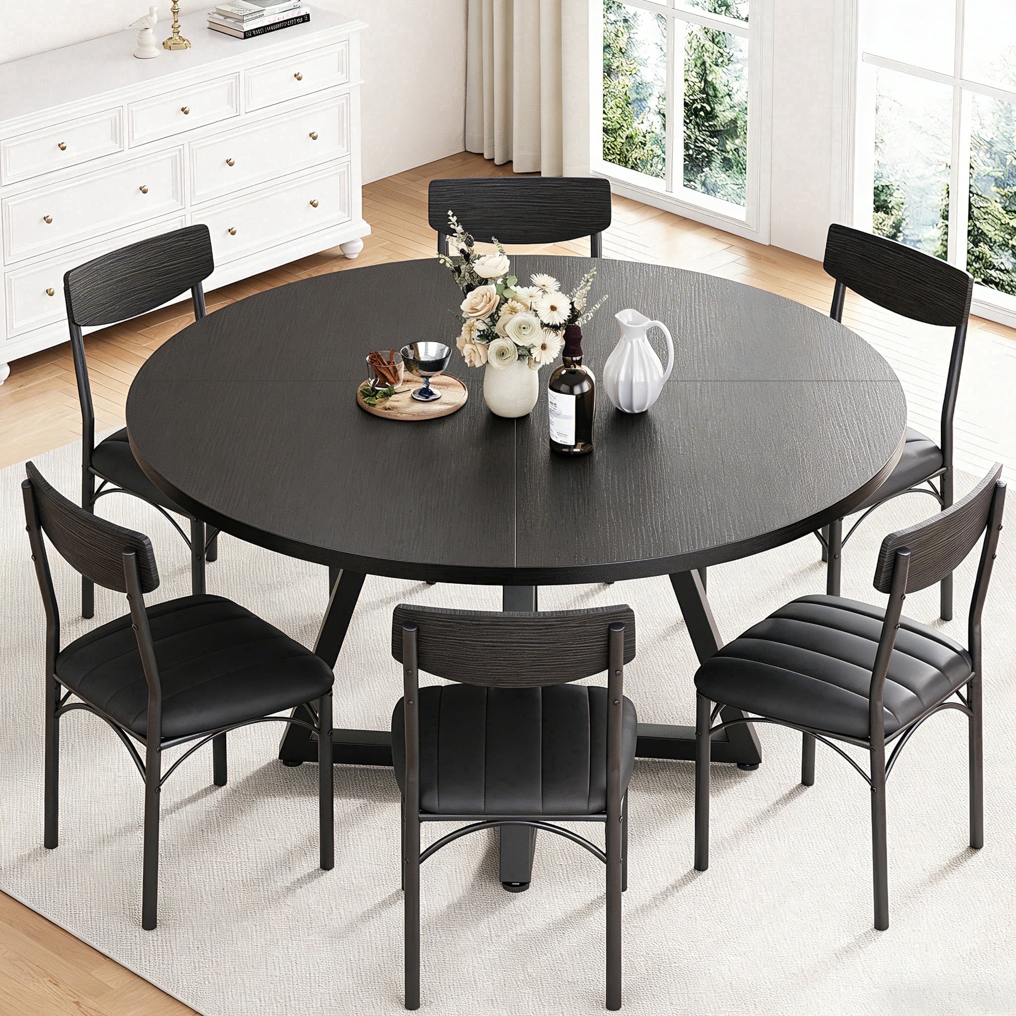 Anyact 51in Round Dining Table for 6-8 Persons, Circle Dinner Table Pedestal Metal Frame, Kitcen Table Sturdy Wood Kitchen & Dining Room Furniture, Black(Only table)