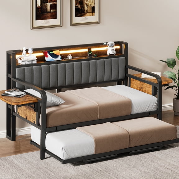Anyact Daybed with Side Table/Charging Station/Upholstered Storage Headboard/LED Light/Pop-upTrundle, Industrial Heavy Duty Metal Twin Sofa Bed Frame for Guest Living Room/Bedroom,Black&Brown