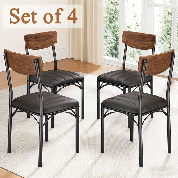 Dining Chair Set of 4, PU Leather Dining Room Chairs, Rustic Kitchen Armless Side Chair with Iron Legs, Black&Brown