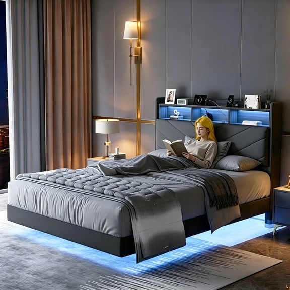 Anyact Floating Upholstered Bed Frame Queen Size with Ergonomic & Adjustable Storage Headboard, Gray