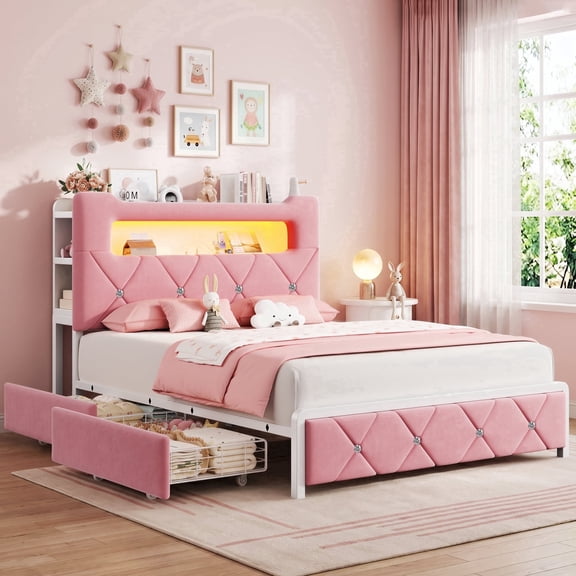 HiJob Full Size Bed Frame for Girls/Kids with 2-Tier Storage Headboard, Velvet Upholstered Platform Bed with 2 Storage Drawers, Built in Charging Station & LED, Pink