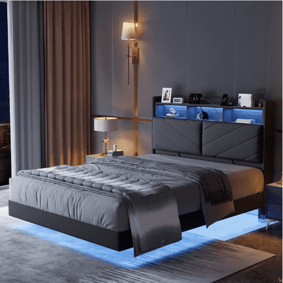 Anyact Full Size Floating Bed Frame with LED Upholstered Platform, Velvet Bed Frame & Ergonomic Storage Headboard, Charging Station, Gray