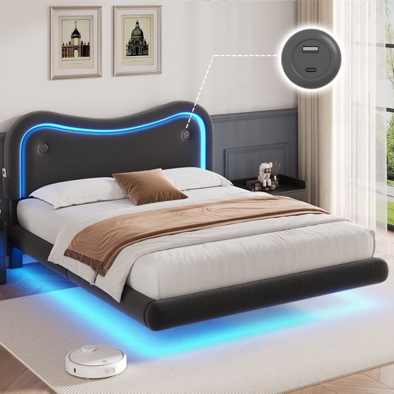 Anyact Full Size Floating Bed Frame with Led & Charging Station, Velvet Upholstered Bed Frame with Floating Metal Platform Bed, Black