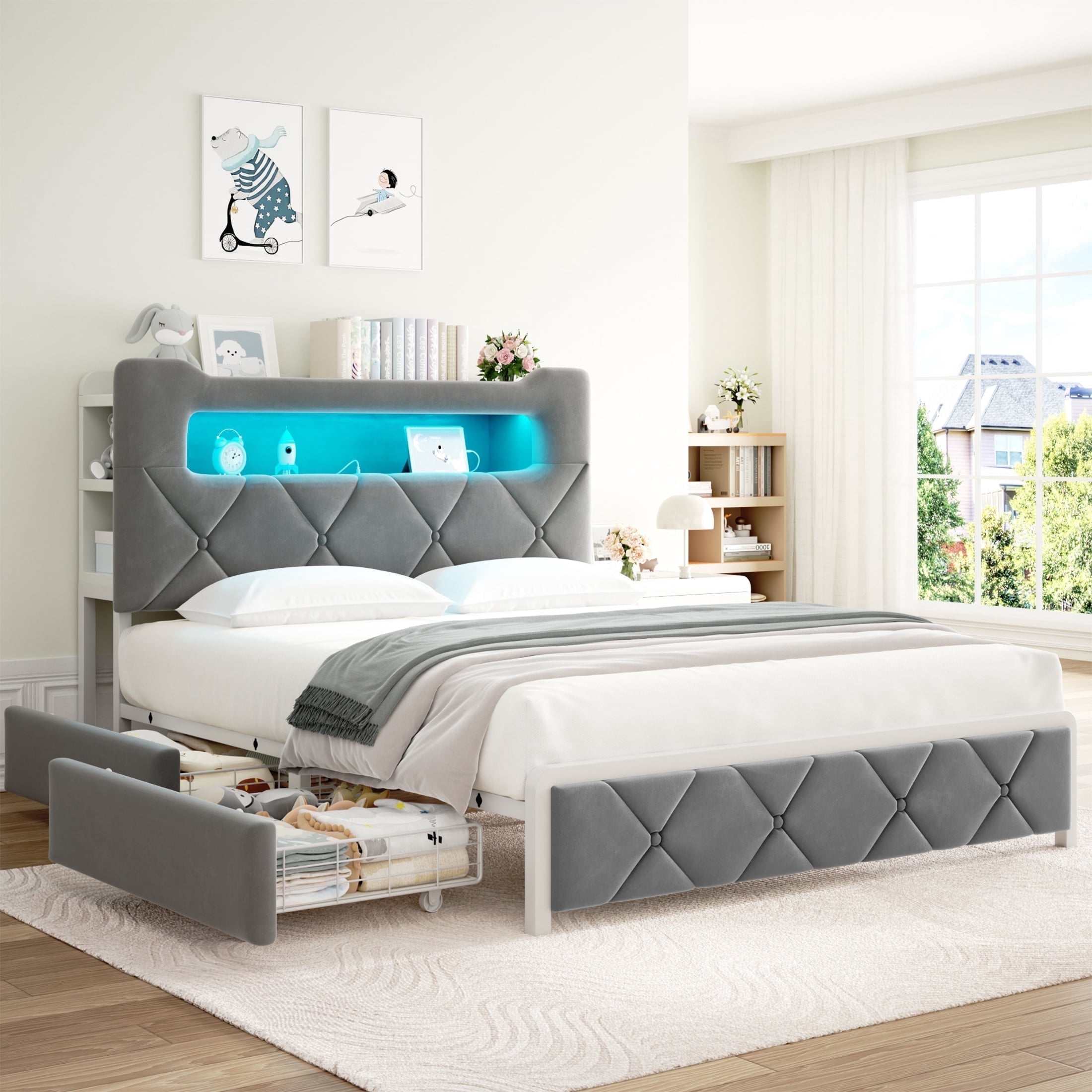 Anyact Full size Bed frame with 2 storage drawers and Headboard Metal ...