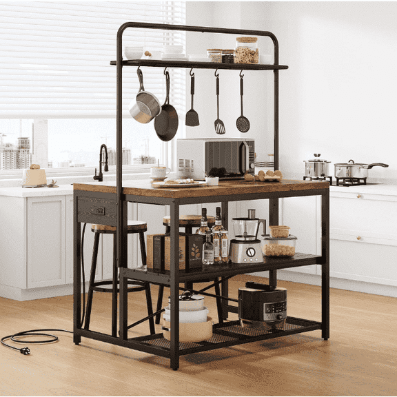 Anyact Kitchen Island with Power Outlet&5 Hooks, Bakers Rack with Storage,Industrial Coffee Bar Table for Kitchen Dining Living Room(Vintage Brown)