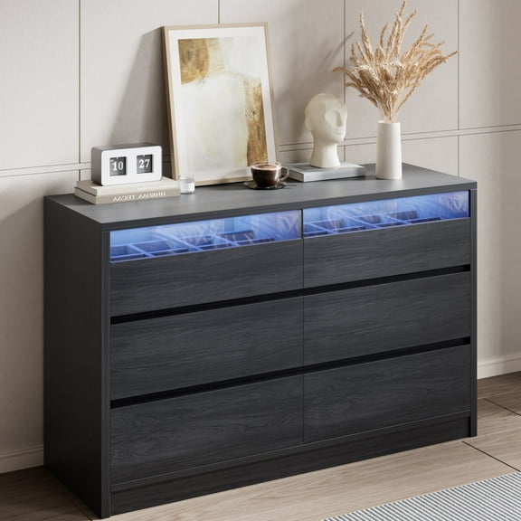 Anyact LED 6 Drawer Double Dresser for Bedroom, Modern Wood Chest of Drawers for Living Room