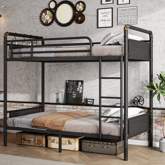 Anyact Metal Twin over Twin Bunk Bed, 2 Convertible Twin Beds, Loft Bed, Black Brown with storage bag