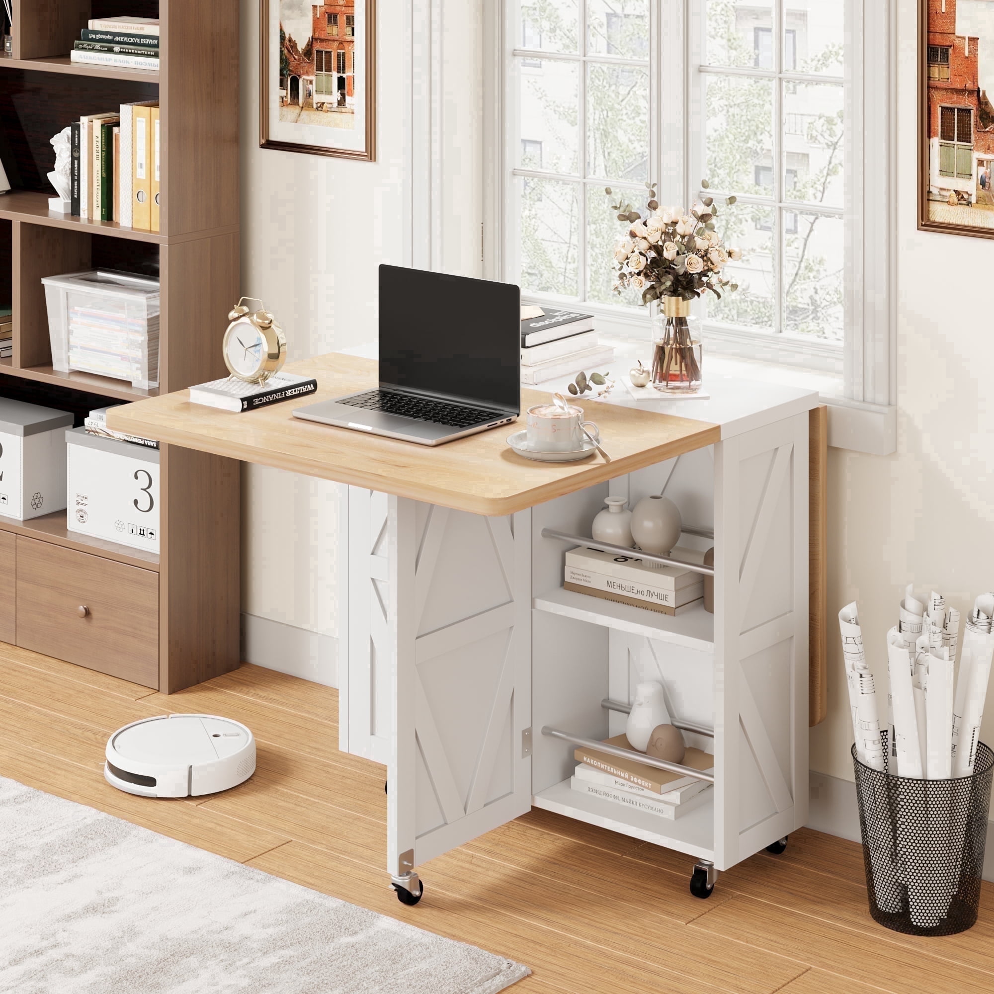 Hijob Space Saving Versatile Folding Kitchen Dining Table with Wheels & Storage Shelf for Small Apartment