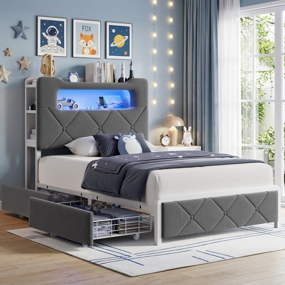 Hijob Twin Size Bed Frame for Boys/Kids with 2-Tier Storage Headboard, Velvet Upholstered Platform Bed with 2 Storage Drawers, Built in Charging Station & LED, Gray