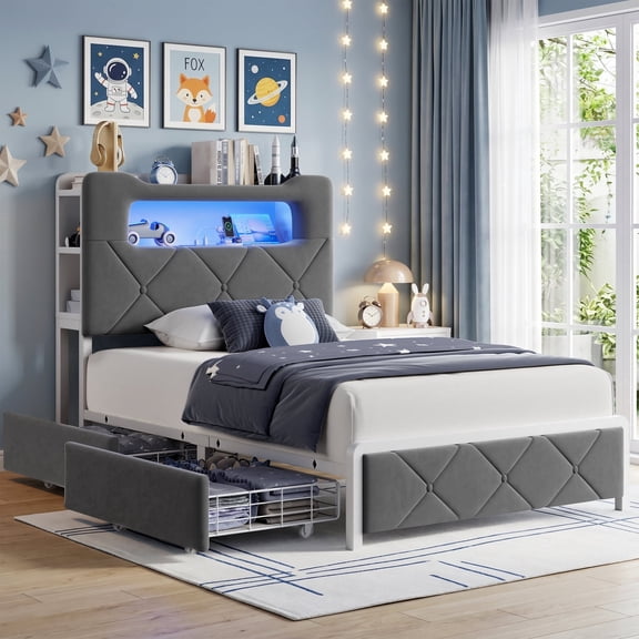 HiJob Twin Size Bed Frame for Boys/Kids with 2-Tier Storage Headboard, Velvet Upholstered Platform Bed with 2 Storage Drawers, Built in Charging Station & LED, Gray