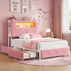 HiJob Twin Size Bed Frame for Girls/Kids with 2-Tier Storage Headboard, Velvet Upholstered Platform Bed with 2 Storage Drawers, Built in Charging Station & LED, Pink