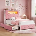 thumbnail image 1 of Hijob Twin Size Bed Frame for Girls/Kids with 2-Tier Storage Headboard, Velvet Upholstered Platform Bed with 2 Storage Drawers, Built in Charging Station & LED, Pink, 1 of 13