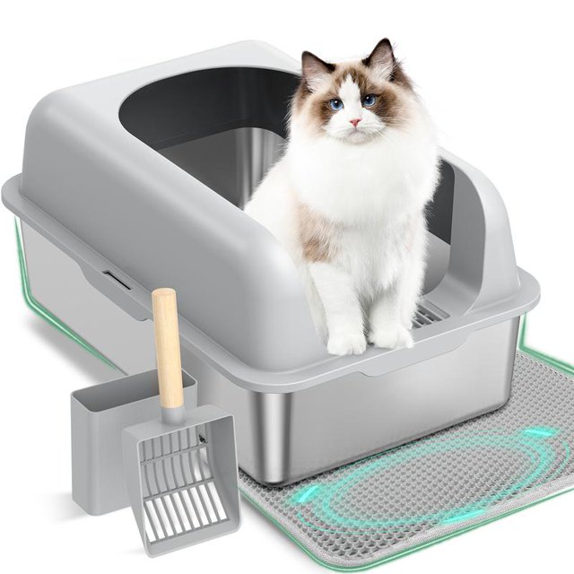 Anyask Enclosed Cat Litter Box Stainless Steel with Lid, XL Extra Large