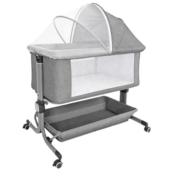 Minikid Baby Bedside Bassinet, 6 Height Adjustable Crib with Mosquito Net&Storage&Lockable Wheels for Infants, Light Grey