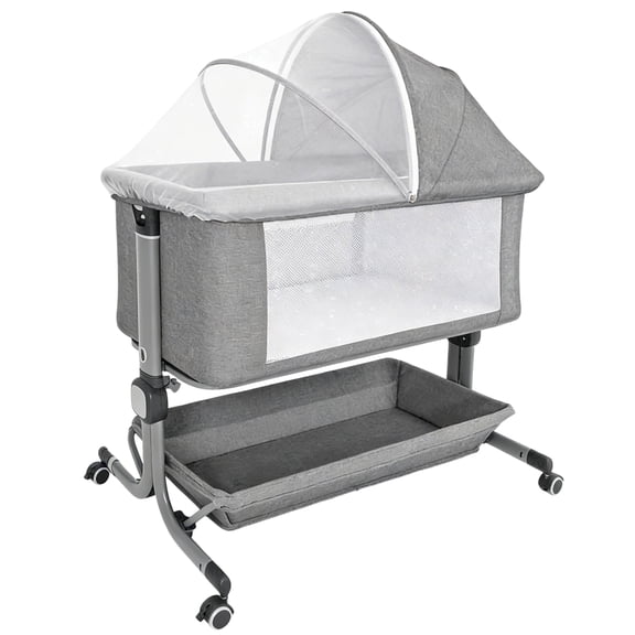 Minikid Baby Bedside Bassinet, 6 Height Adjustable Crib with Mosquito Net&Storage&Lockable Wheels for Infants, Light Grey
