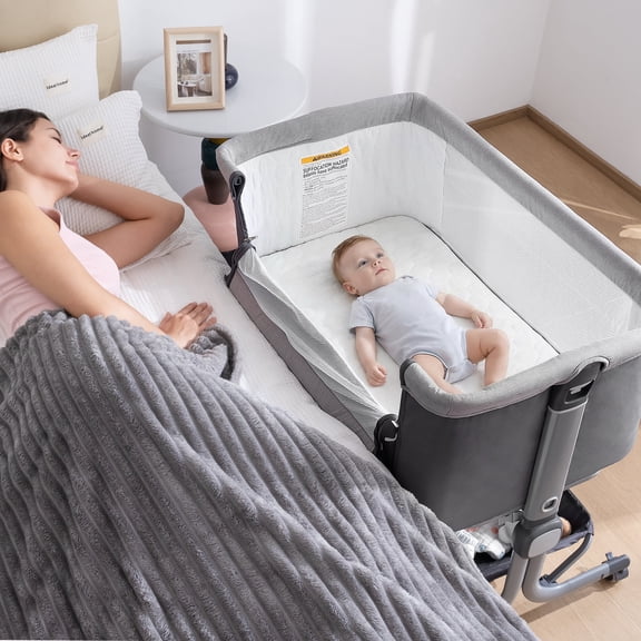 Anyask Baby Bedside Sleeper, 6 Height Adjustable Crib with Mosquito Net&Storage&Lockable Wheels for Infants, Dark Grey