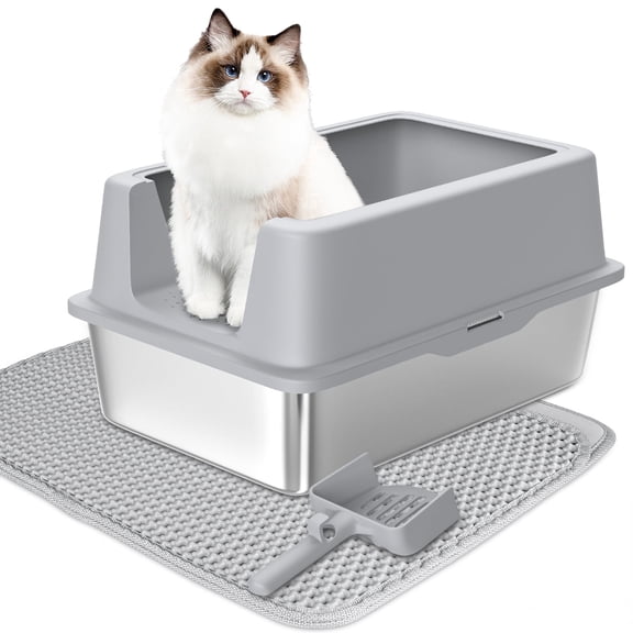 Anyask Stainless Steel Cat Litter Box with Filter Pedal&2-Layer Sifting Mat&Scooper, 20L Extra Large Metal Litter Pan with Lid&High Wall Sides Enclosure for Small/Big/Multi Cats,Light Grey