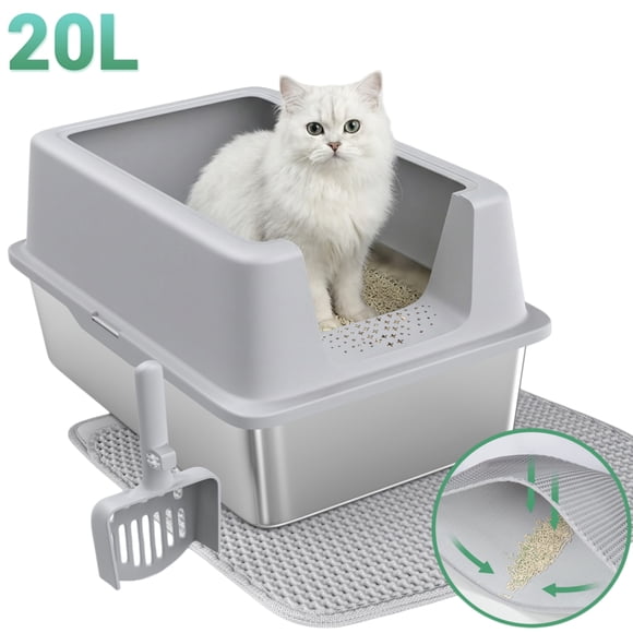 Anyask Stainless Steel Cat Litter Box with Paw Filter Pedal&2-Layer Sifting Mat&Scooper, 20L Extra Large Metal Litter Pan with Lid&High Wall Sides Enclosure for Small/Big/Multi Cats,Light Grey