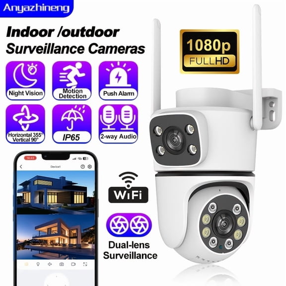 Anyazhineng 1080P 2.4G Dual-Lens Outdoor Security Camera, IP65 Waterproof, Motion Detection, Two-Way Audio, Smart Infrared, Remote App Control