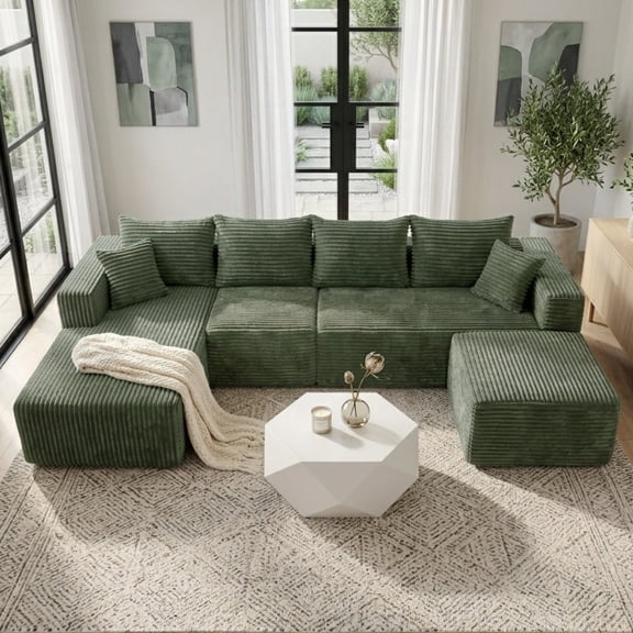 Anybox 118" Modular U-Shaped Sectional Sofa, Corduroy Cloud Couch with Ottoman and Left-Facing Chaise, No Assembly Required, Green