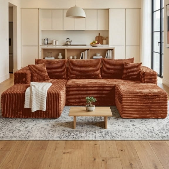 Anybox 92.5" Corduroy U-Shaped Sectional Sofa, Modular Boneless Couch with Left-Facing Chaise, Ottoman and Deep Seat, No Assembly, Brown