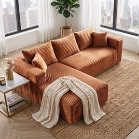 Anybox 92.5" Corduroy Sectional Sofa with Left-Facing Chaise, Modular Boneless Sofa Couch for Living Room, No Assembly, Brown