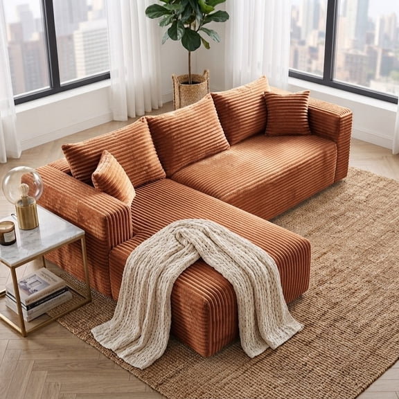 Anybox 92.5" Corduroy Sectional Sofa with Left-Facing Chaise, Modular Boneless Sofa Couch for Living Room, No Assembly, Brown