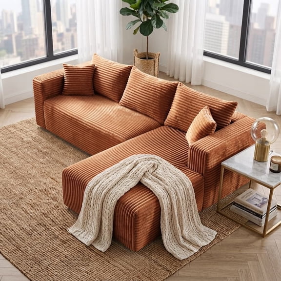 Anybox 92.5" Corduroy Modular Sectional Sofa, L-Shaped Boneless Couch with Right-Facing Chaise and Deep Seat, No Assembly, Brown