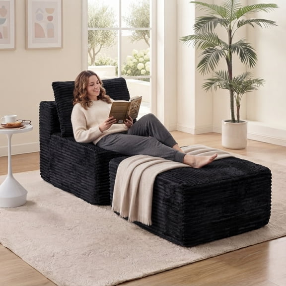 Crybaest Corduroy Armless Accent Chair with Ottoman Set, Modular Boneless Cloud Lounge Sofa Chair for Living Room & Small Spaces, Black