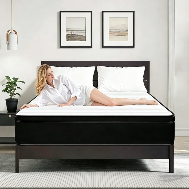 Queen Mattress 12 inch, Hybrid Queen Size Mattress in a Box with Upgrade Innerspring, Black