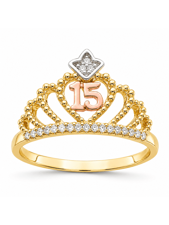 Women's 10K Tri-Color Gold Quinceaera 15 Ring, 1/10 CTW Natural Diamonds, Size 7
