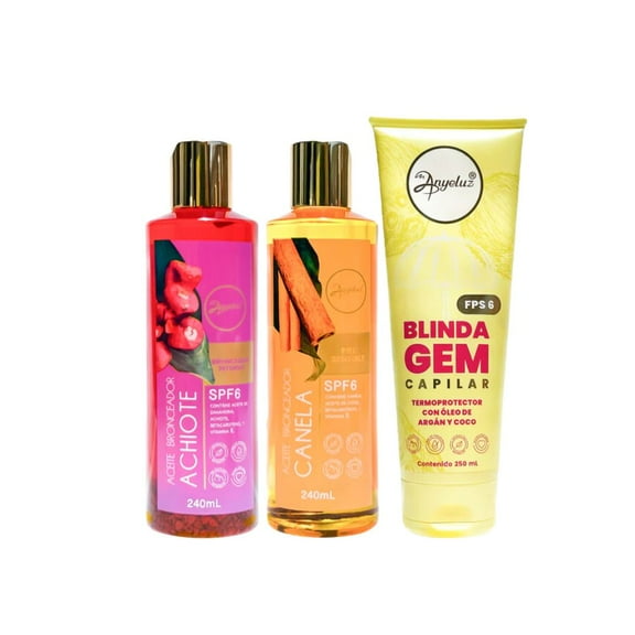 Anyeluz Aceite bronceador Achiote, Anyeluz Aceite bronceador Canela y Anyeluz termoprotector con oleo de argan (3 pack)
