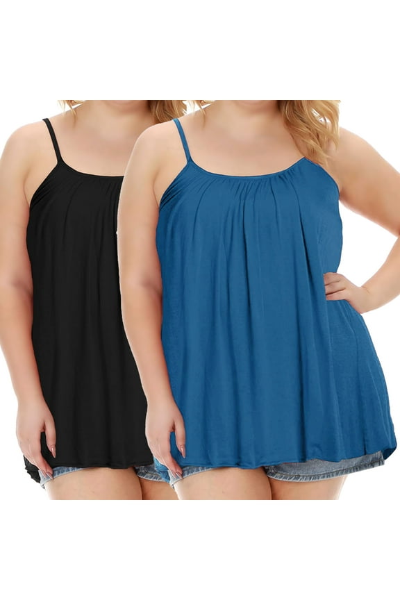 2 Pack Women Tank Top with Built in Bra Flowly Relaxed Cami Adjustable Straps Camisole with Pleats Black-Navy,Medium
