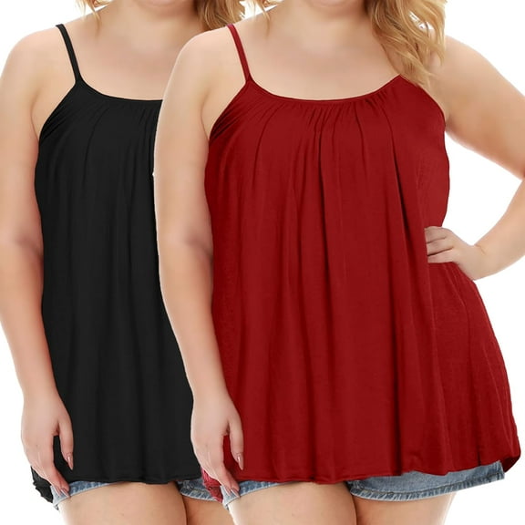 ANYFIT WEAR 2 Pack Women Tank Top with Built in Bra Flowly Relaxed Cami Adjustable Straps Camisole with Pleats Black-Wine,2X-Large