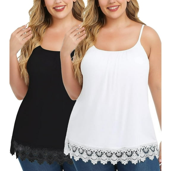ANYFIT WEAR 2 Packs Camisoles for Women with Built in Bra Adjustable Strap Tank Tops Sleeveless Cami with Pleats Casual Flowy Lace Cami Shirts Black-White-Lace Hem,S
