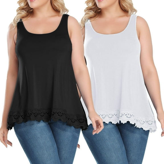 ANYFIT WEAR 2 Packs Lace Camisoles for Women with Built in Bra Wide Straps Plus Size Tank Tops Sleeveless Cami Shirts with Pleats Black-White,L