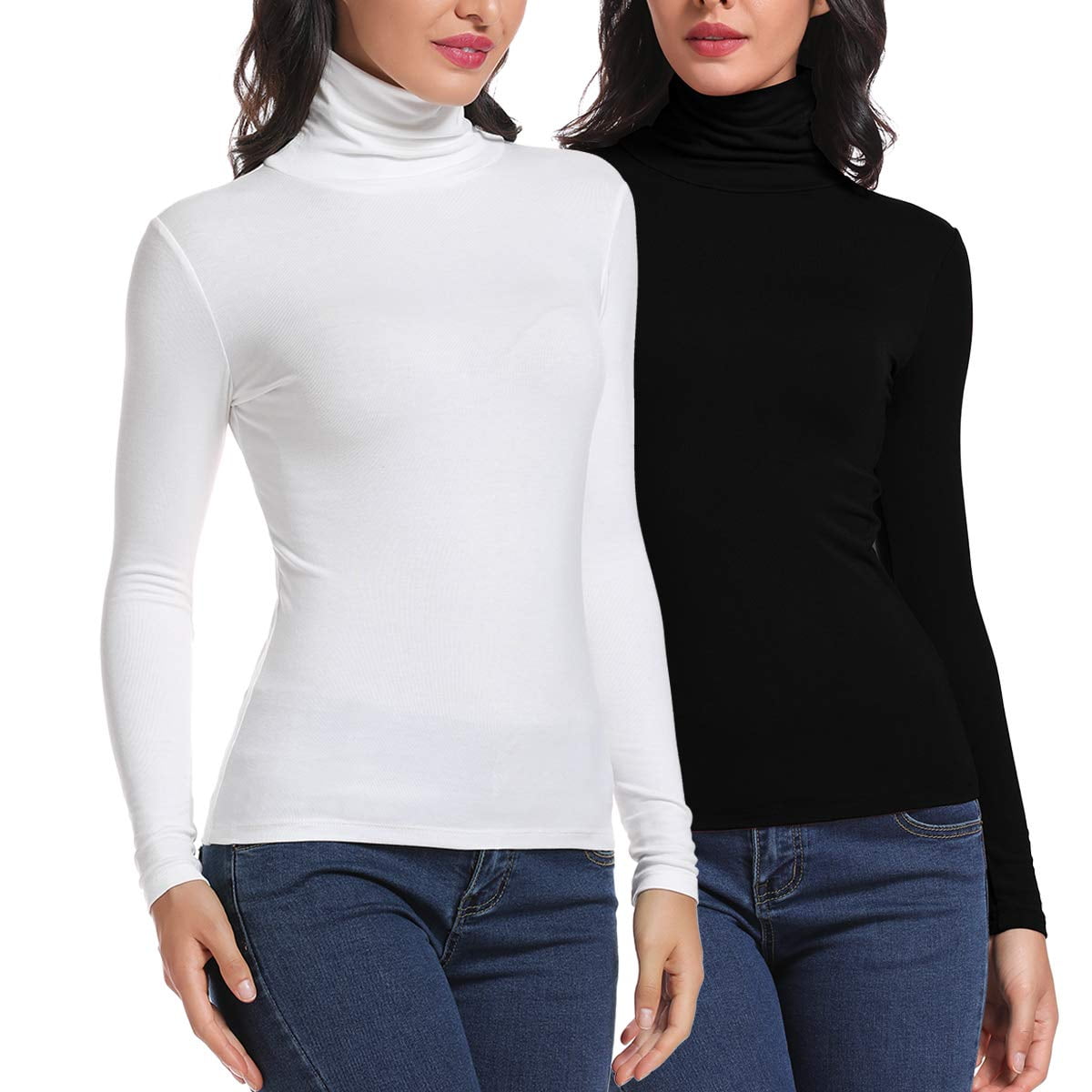 Anyfit Wear 2 Packs Long Sleeve Mock Turtleneck Stretch Slim Fitted Layer  Basic Tee Tops Black-White M 