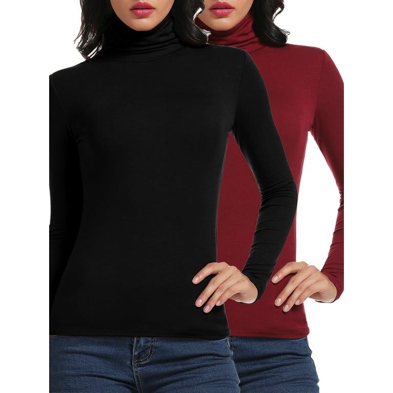 Anyfit Wear 2 Packs Long Sleeve Mock Turtleneck Underwear Top Stretch Slim  Fitted Layer Basic Tee Tops Black-Wine Red S