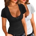 thumbnail image 1 of ANYFIT WEAR 2 Packs Womens Short Sleeve Button Down Shirts Low Cut Sexy Round Neck Fitted Ribbed Knit Henley Tops Summer Tees (S-3XL), 1 of 5