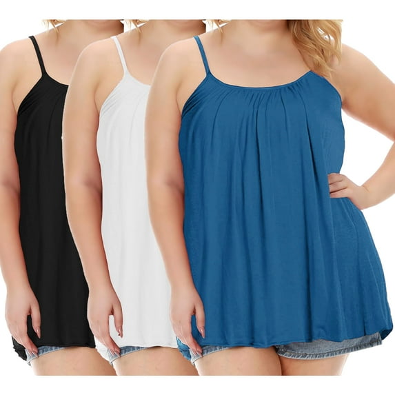 ANYFIT WEAR 3 Pack Women Tank Top with Built in Bra Flowly Relaxed Cami Adjustable Straps Camisole with Pleats Black-White-Navy,X-Large