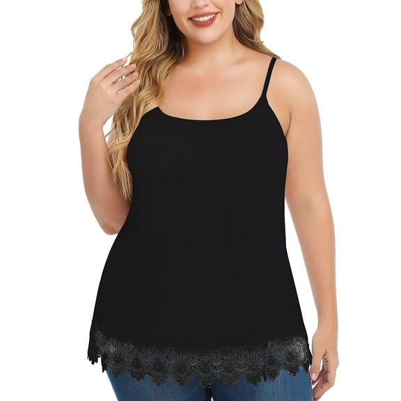 Anyfit Wear Camisoles for Women with Built in Bra Flowy Lace Tank Tops Padded Cami with Adjustable Strap Black XL