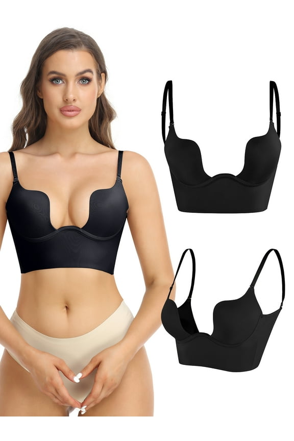 Deep Plunge Push Up Bra for Women Low Back Bra Wire Lifting Bra with Multiway Convertible Straps Pack of 2