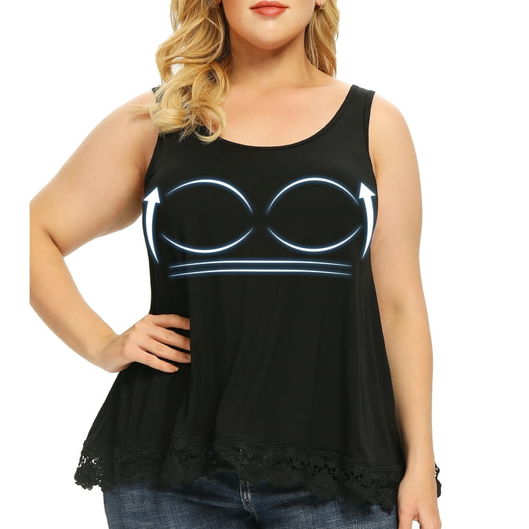 Anyfit Wear Loose Tank Top with Built in Bra for Women Plus Size Sleeveless  Crewneck Shirts Top with Lace Hem Black XXL