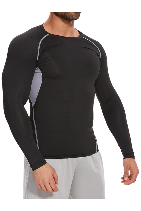 Men Athletic Cool Dry Fit T Shirts Long Sleeve Fitness Running Sports Muscle Gym Workout Patchwork Undershirt