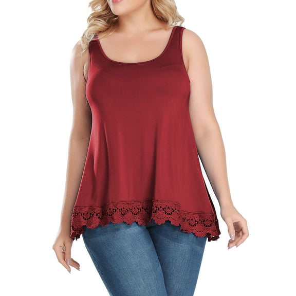 ANYFIT WEAR Plus Size Camisole with Built in Bra Padded Tank Tops for Women Flowy Sleeveless Summer Tops with Lace Hem Wine,XL