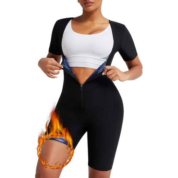 Sauna Suit for Women Sweat Vest Waist Trainer Bodysuit 3 in 1 Slimming Short Sleeve Full Body Shaper Workout Top with Zipper
